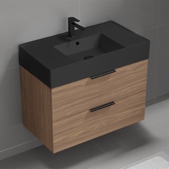 Bathroom Vanity Walnut Bathroom Vanity With Black Sink, Wall Mounted, Single, 32